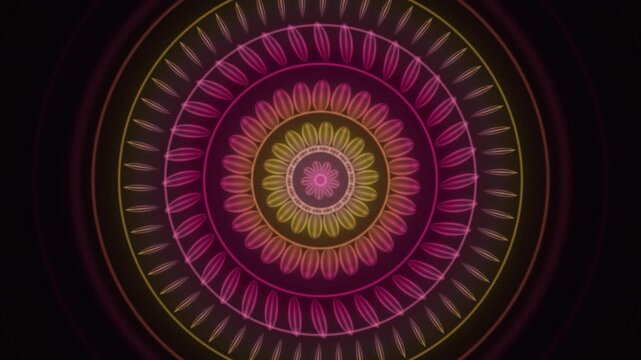 Flower mandala blooming petals radial symmetry glowing floral ornament background seamless loop in subtle rose tones
