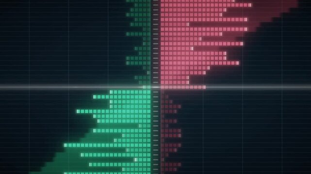 Trading order book depth ladder with green bid and red ask rows updating, stock market and crypto finance background, seamless loop in calm emerald tones