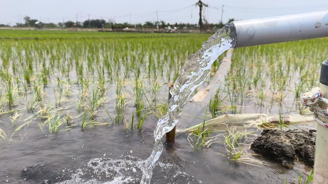Water flows from a PVC pipe to irrigate green rice fields using an electric pump, ensuring proper farmland supply, healthy crop growth, and efficient agricultural irrigation under sunny sky.