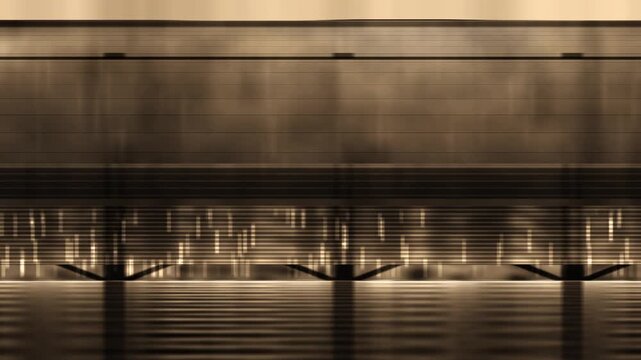 Inside a hyperboloid cooling tower, slow 360 degree yaw past fill packing, falling water film and light shafts in soft rust tones