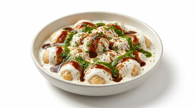 Dahi bhalla or dahi vada with yogurt chutney and spices in a bowl