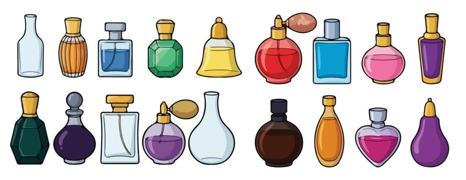 Elegant Luxury Perfume Bottles Collection with Vintage Glass Atomizers Ribbon Bows and Crystal Caps Vector Cartoon Clip Art Isolated on White
