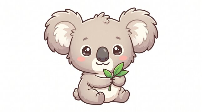Cute chubby koala cartoon with soft gray fur, big sparkly brown eyes, fluffy ears, pink cheeks and sweet smile, holding green eucalyptus leaves while sitting on white background.