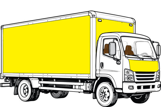 Delivery Box Truck with Yellow Cargo Body, Commercial Moving and Transportation Vehicle Vector Illustration
