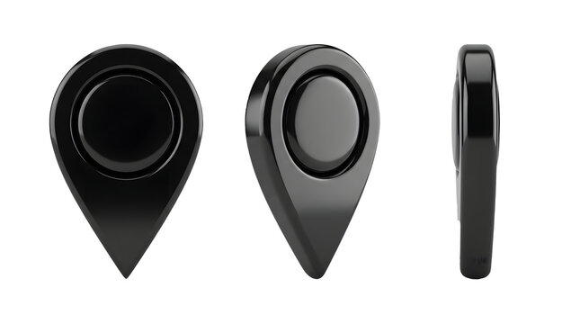 Black glossy map pin location icons in multiple angles