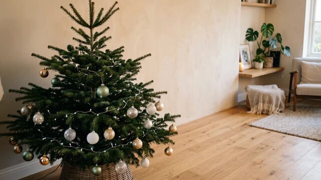Hanging a single ornament on a half-dressed Christmas tree