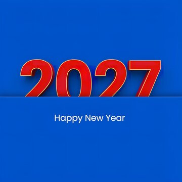 Red typography digits of year twenty twenty seven featuring bold glossy numbers displayed horizontally on vibrant solid blue background for celebration