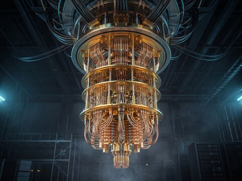 Golden quantum computer cryostat with copper tubes in dark lab