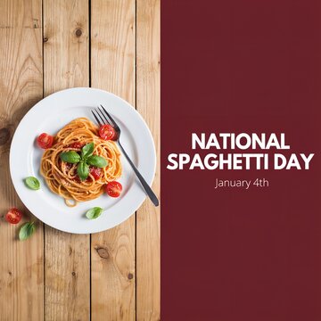 Delicious spaghetti pasta dish served on a white ceramic plate with fresh cherry tomatoes and green basil leaves arranged neatly on a rustic wooden table surface