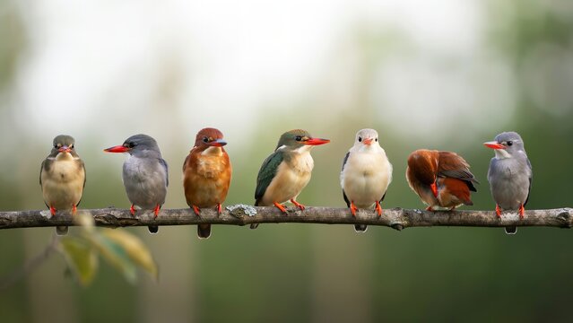 Diverse colorful kingfisher birds perched together in a row along a thin wooden branch showcasing vibrant plumage against a soft natural blurred green background
