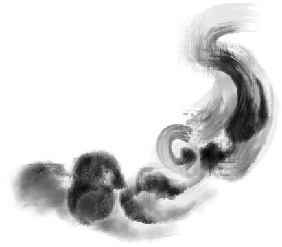 Bold ink brush stroke swirling cloud and rock, Oriental sumi-e painting, abstract ink splash element, transparent background