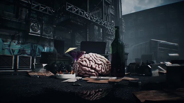Alcohol and smoking harmful effects on the brain. Human brain discarded in a garbage bin with alcohol bottle and smoldering cigarette, symbolizing addiction and health risks. 4k animation