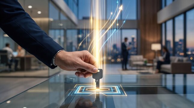 Businessman hand placing key block on glowing digital interface with upward light trails representing business growth