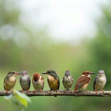 Seven diverse colorful kingfisher birds perched together in a row along a rustic wooden branch against a soft green out of focus nature background