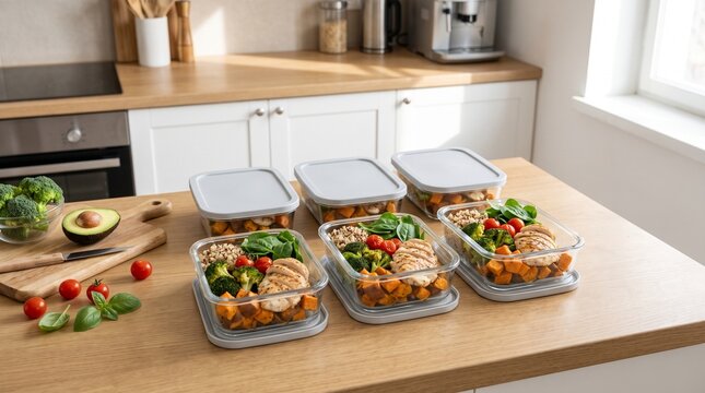 Healthy meal prep with balanced homemade meals arranged in reusable containers for several days, representing nutrition, meal planning and a healthy lifestyle.