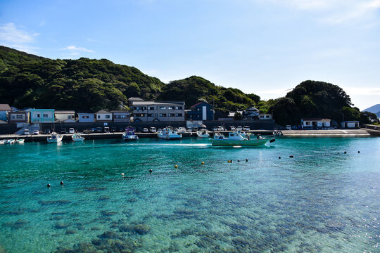 広大な青空とクリスタルのように澄んだ海が広がる柏島港の全景