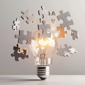 Glowing Light Bulb with Floating Puzzle Pieces