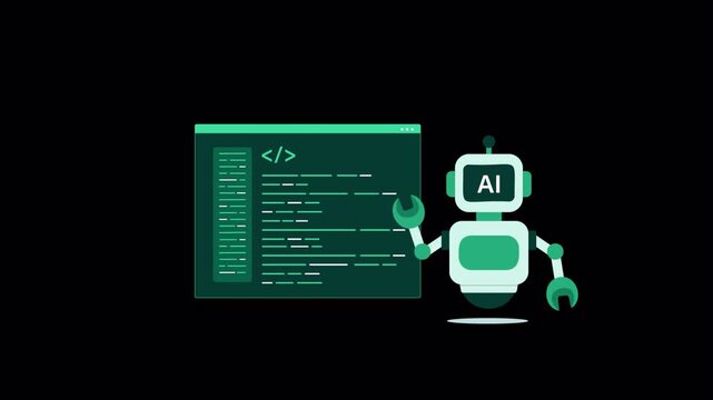 Animated AI Robot Assisting Coding in C++ Programming Language - Transparent