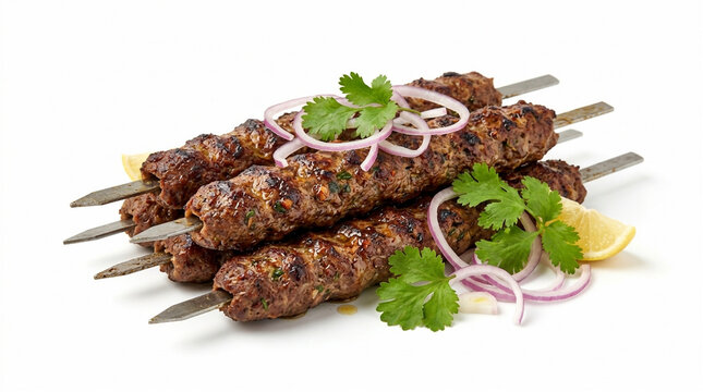 Grilled seekh kebabs on metal skewers with red onion and fresh