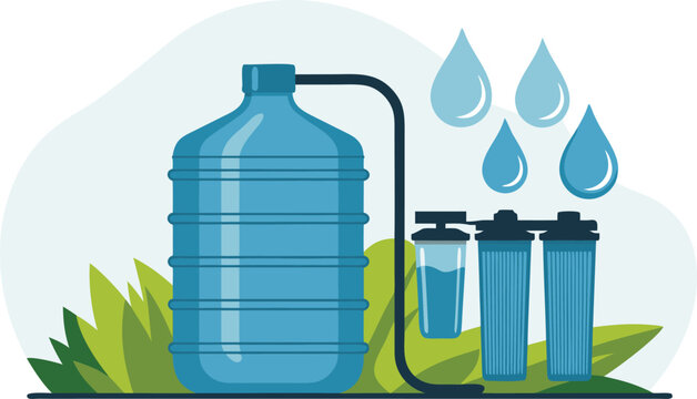 Water Filtration System with Water Bottle, Filter Cartridges and Water Drops &ndash; Clean Drinking Water Vector Illustration
