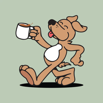 Cute Dog Walking with Coffee Cup, Morning Routine Animal Concept