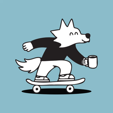 Cool Wolf Skateboarding with Coffee Cup, Funny Animal Character Concept