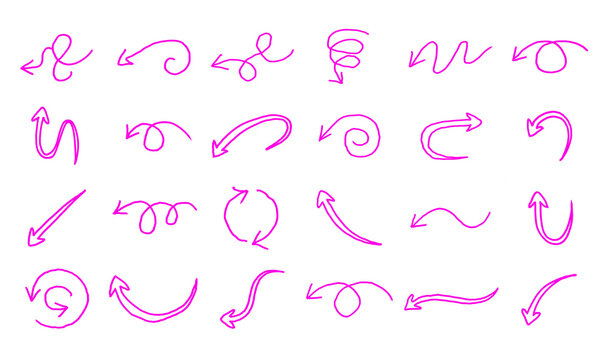 Collection of pink handdrawn arrows with various shapes and directions on a transparent background for design and illustration purposes