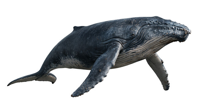 Large humpback whale swimming with textured dark grey skin and long pectoral fins