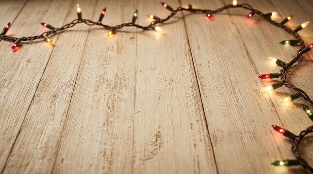 Festive string lights border a rustic wooden background for winter holidays.