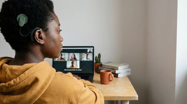 Woman with cochlear implant following captioned video call on laptop