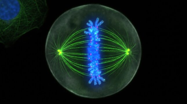 Fluorescent metaphase cell with blue chromosomes and green spindle