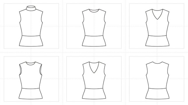 Set of sleeveless top fashion design templates with various neckline styles for garment sketching and clothing prototypes