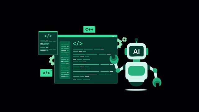Animated AI Robot Assisting Coding in C++ Programming Language - Transparent