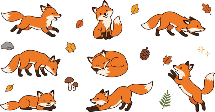 Cute cartoon red fox sticker set featuring adorable woodland characters in various poses with autumn leaves mushrooms and pinecone vector elements
