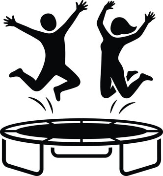 Black and white vector illustration of a joyful couple jumping high on a trampoline