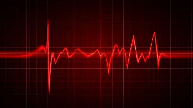 Vibrant red digital heartbeat ekg pulse waveform on dark grid background medical technology concept illustration