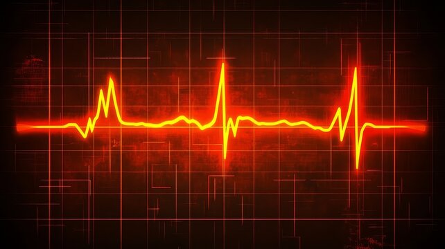 Abstract glowing red heartbeat signal on dark digital grid background concept vibrant glowing heart rate monitor display on dark technical grid pattern