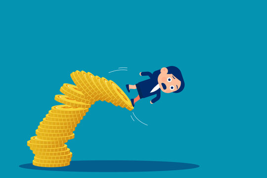 Businesswoman falls from a stack of coins. Business banruptcy vector illustration