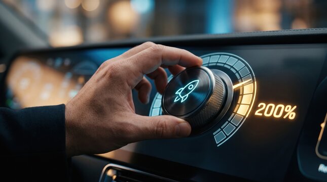 Hand turning dial with rocket icon to 200 percent on car dashboard maximum speed and performance concept