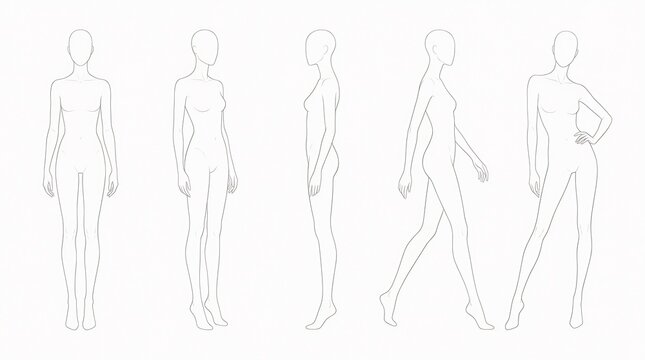 Female fashion design croquis set featuring various poses including front, side, and walking views on white background