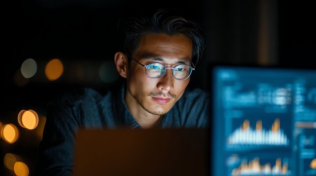 Asian industrial data analyst working with AI on laptop