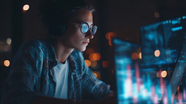 Asian industrial data analyst working with AI on laptop