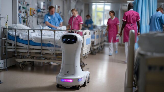 Autonomous robot assisting nurses in hospital wards.