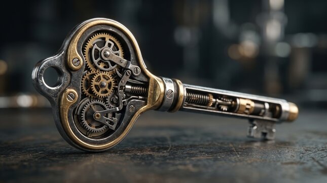 Vintage key with complex clockwork gear mechanism inside steampunk and time concept