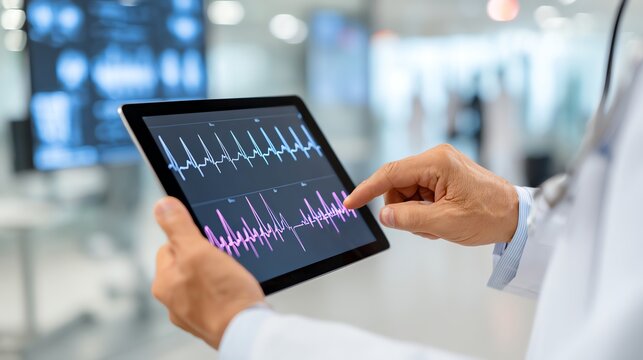 Doctor analyzing ECG waveform on tablet, modern cardiology clinic, shallow depth of field