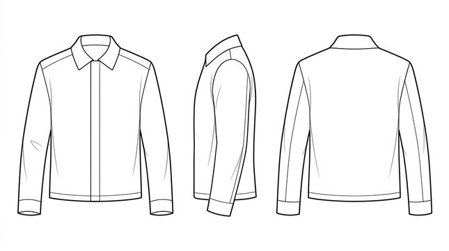 Technical drawing of a long sleeve jacket showing front, side, and back views