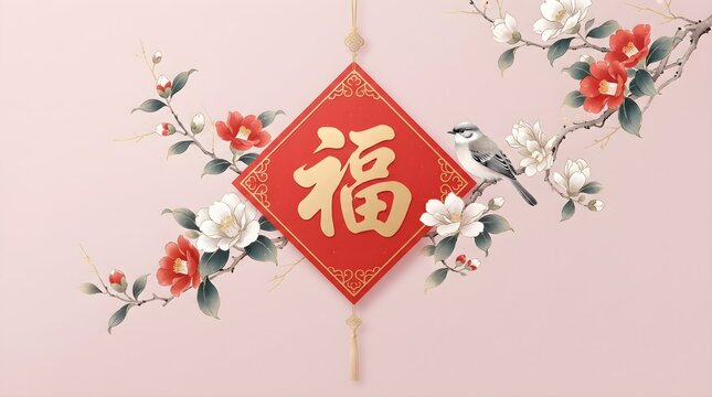 Traditional chinese new year decoration featuring a red fu character ornament surrounded by beautiful blooming plum blossom flowers