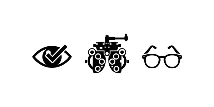 Eye check icon, phoropter and glasses for vision screening.