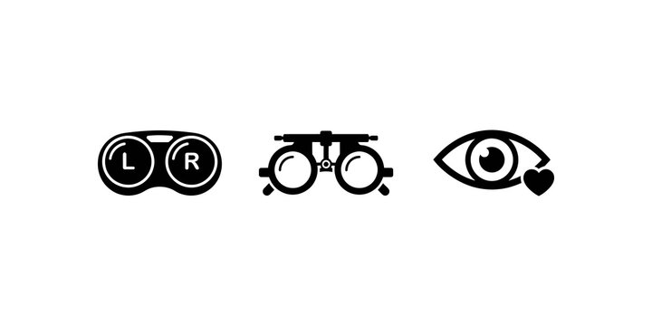 Eye test equipment and contact lens case icons for vision.