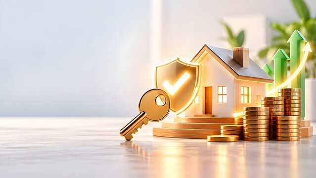 Real estate investment concept with house model glowing security shield golden key stacked coins and ascending green arrows for financial growth